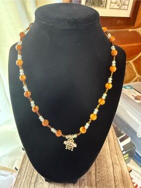 Amber Bead Bee Charm Necklace - Women Jewelry